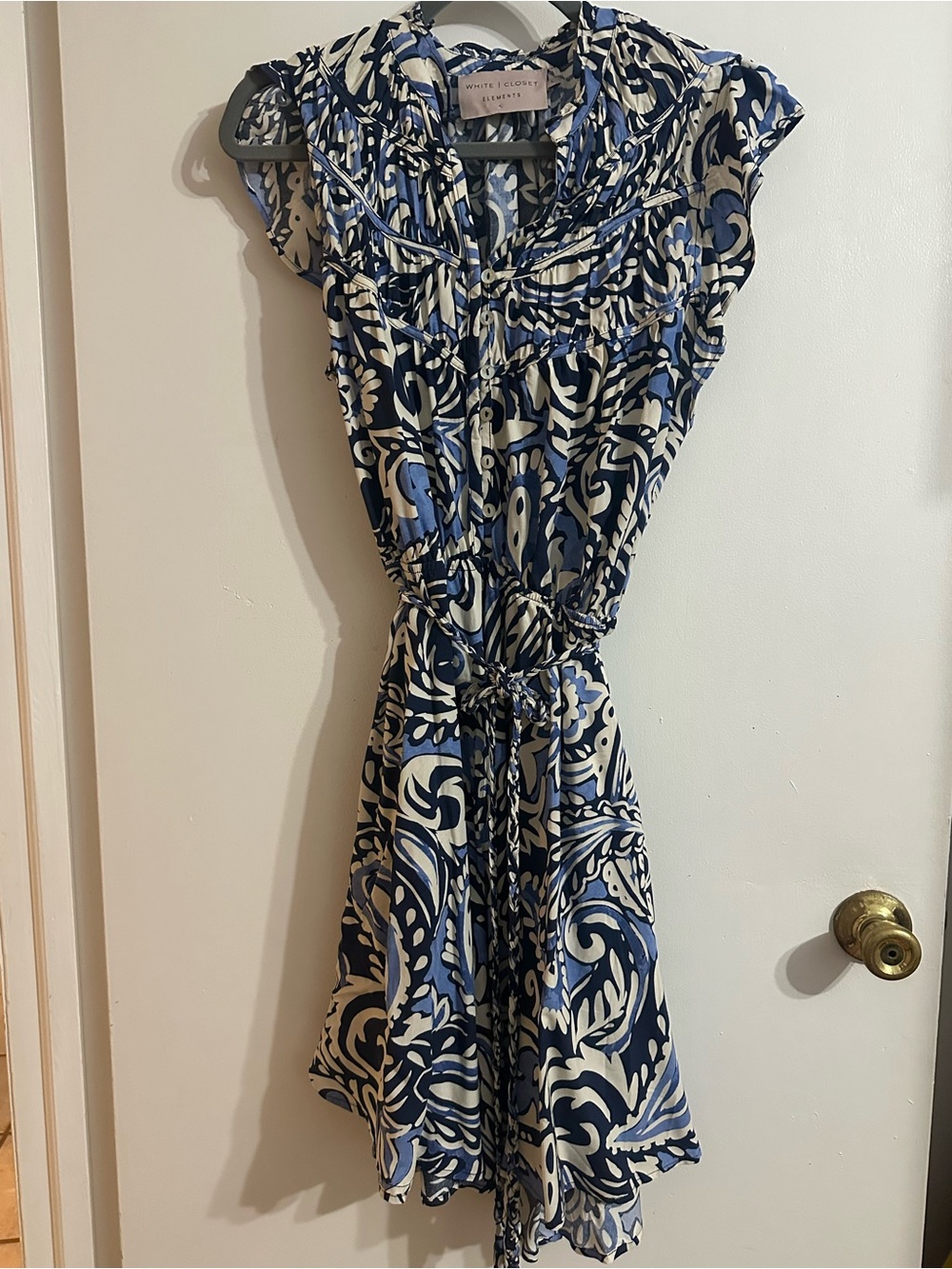 White House Black Market Navy and White Printed Tie-Waist Midi Dress